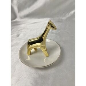 Gold Finished Ceramic Giraffe Ring Jewelry Holder White Plate Trinket Dish